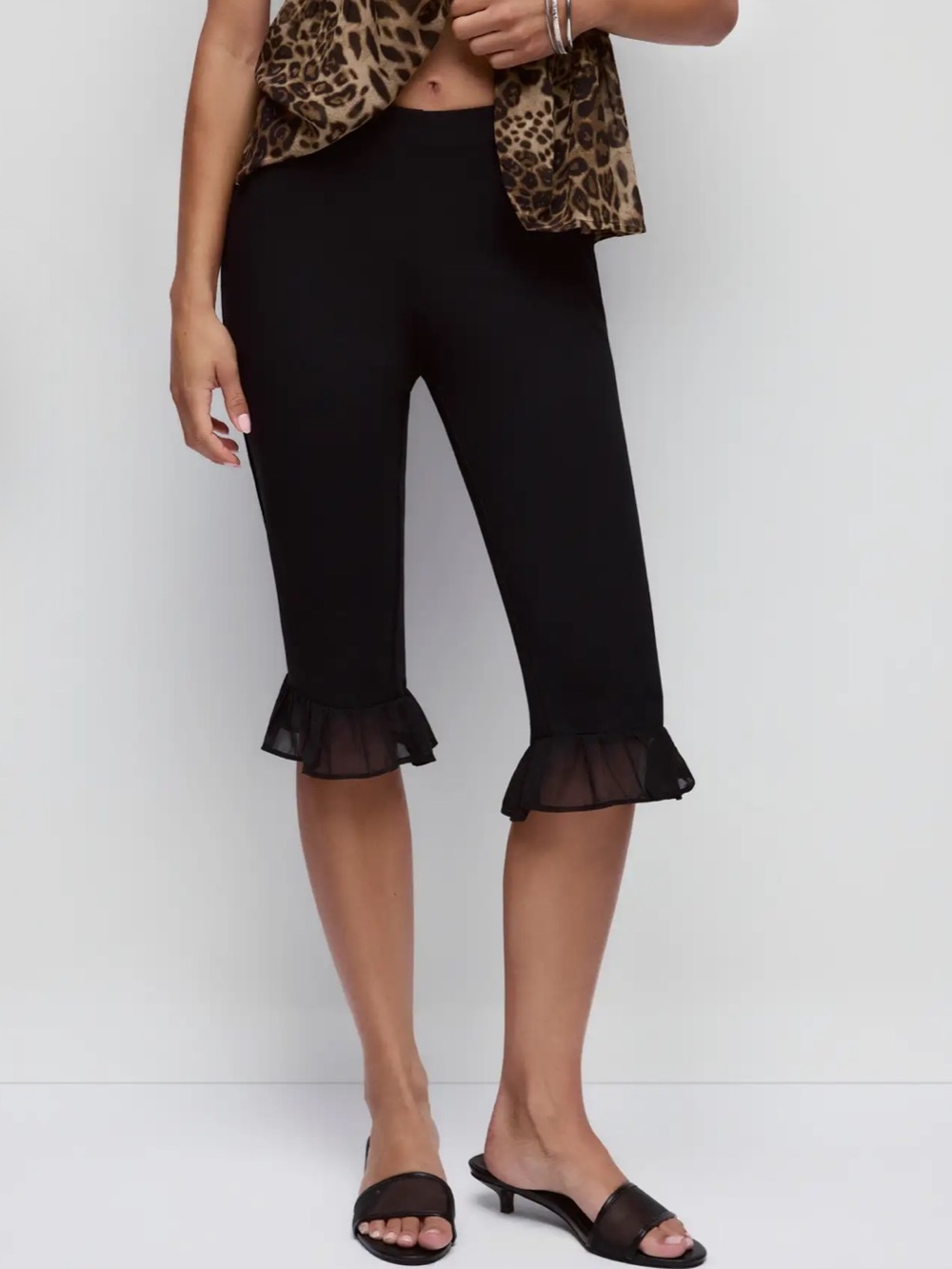 Black Ruffle-Hem Capri Pants